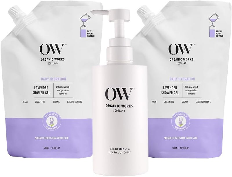 Organic Works Lavender Shower Gel 500ml Pack of 2 Refill Bottle Natural Moisturising Body Wash with Aloe Vera Geranium Oil For Gentle Hydrating Soothing Skin Care for all Skin type