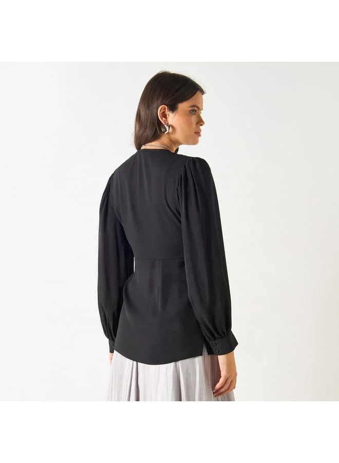 Iconic Iconic Solid V-neck Top with Tie-Ups and Long Sleeves