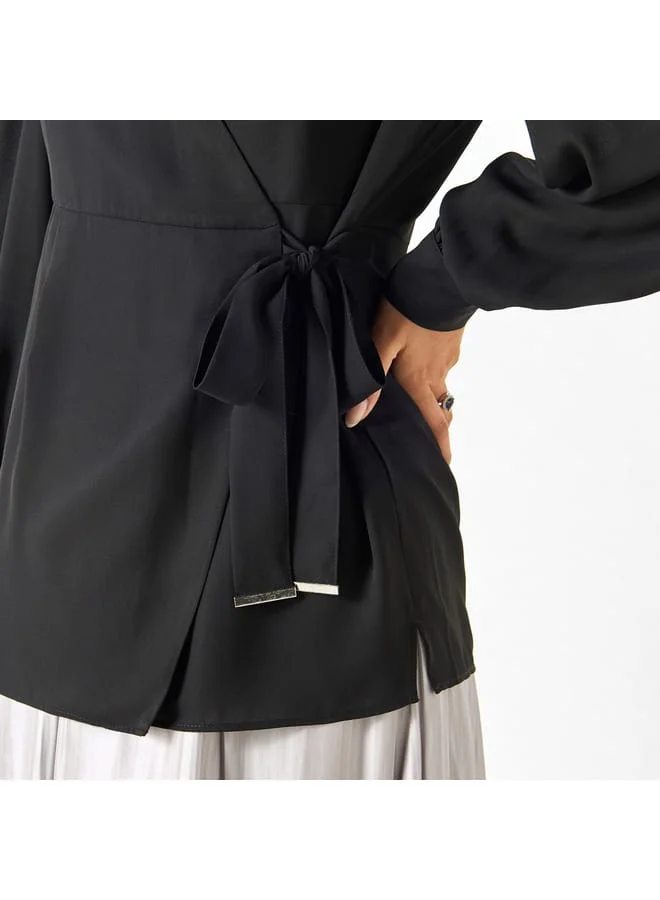 Iconic Iconic Solid V-neck Top with Tie-Ups and Long Sleeves