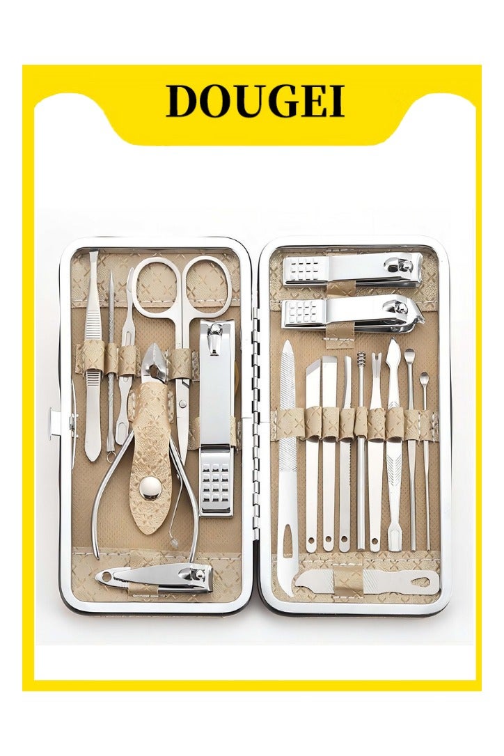 DOUGEI Manicure Set - 19 in 1 Professional Nail Clippers Pedicure Kit, Manicure Tool Kit, Stainless Steel Facial Grooming Set Kit, Gift Idea for Women, Men, Girls, Teens, Beige - Image 1