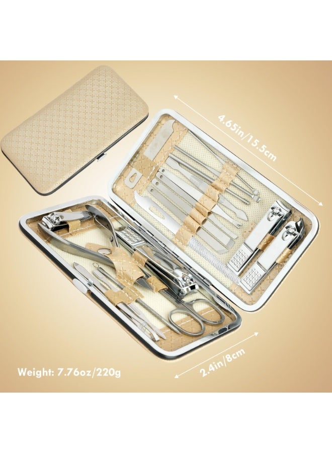 DOUGEI Manicure Set - 19 in 1 Professional Nail Clippers Pedicure Kit, Manicure Tool Kit, Stainless Steel Facial Grooming Set Kit, Gift Idea for Women, Men, Girls, Teens, Beige - Image 2