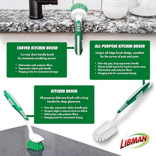 Libman Green & White Cleaning Brush Kit, 3-Piece Set, All-Purpose Brushes for Kitchen, Basins, Sinks, Dishwashers - Image 5