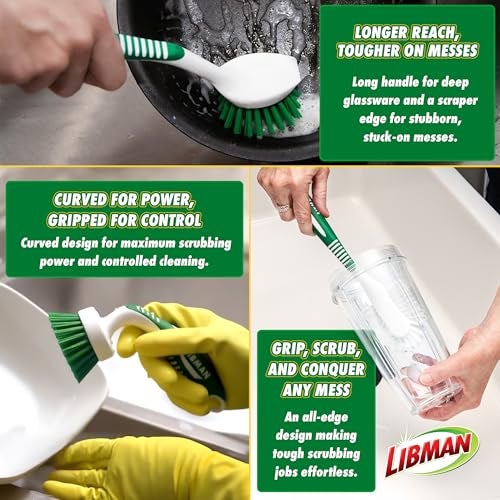 Libman Green & White Cleaning Brush Kit, 3-Piece Set, All-Purpose Brushes for Kitchen, Basins, Sinks, Dishwashers - Image 3