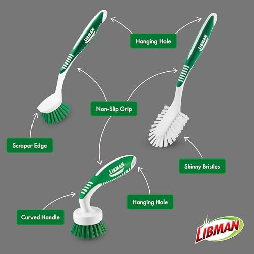 Libman Green & White Cleaning Brush Kit, 3-Piece Set, All-Purpose Brushes for Kitchen, Basins, Sinks, Dishwashers - Image 4