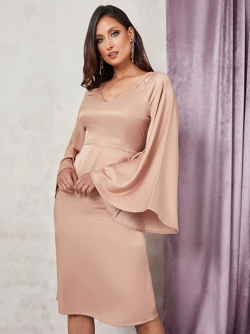 Styli Extreme Flared Sleeves Satin Midi Dress with Back Slit
