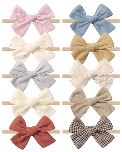 doboi 10PCS Baby Girls Headbands Hair Bows Nylon Linen Hairbands Handmade Hair Accessories for Newborn Infant Toddlers Little Girl and Kids - Image 1