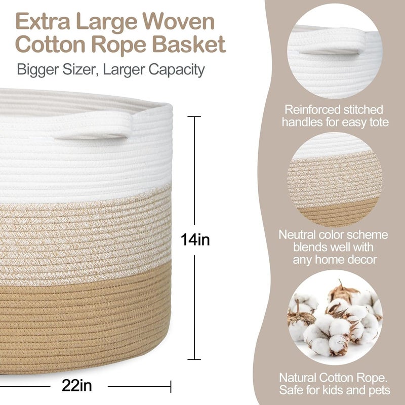 LEAZZOTE Large Laundry Storage Blanket Baskets for Organizing Decorative Rope Basket Living Room Bedroom Nursery Toy Storage for Colthes Towel, Empty Gift (S-5 [14X22 INCH]) - Image 5