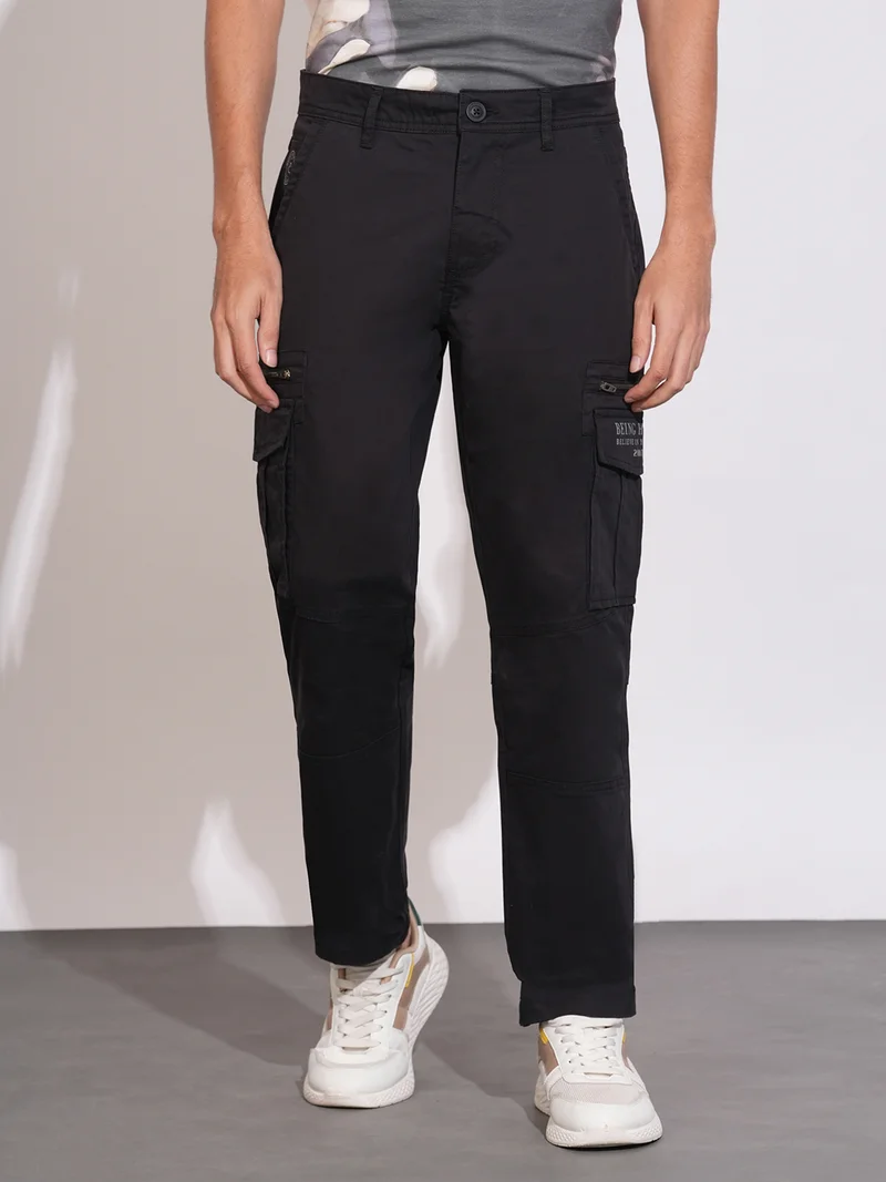 Being Human Men Black Solid Regular Fit Cargo Pants