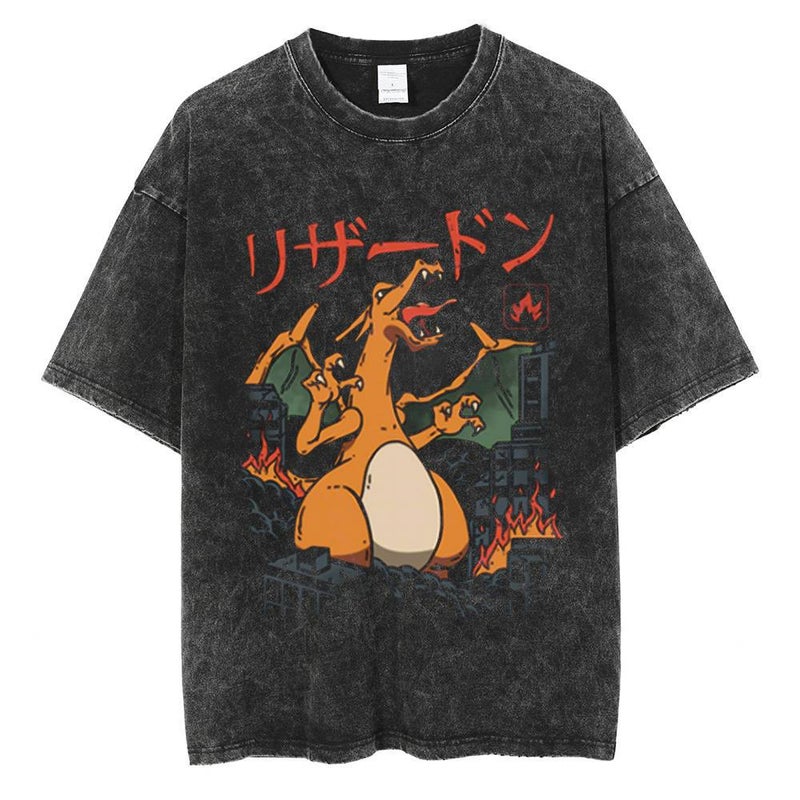 European and American-style Washed Old Vintage Short-sleeved T-shirt Anime Ghost Stone Pokémon American-style High Street Top 9 Vintage Black