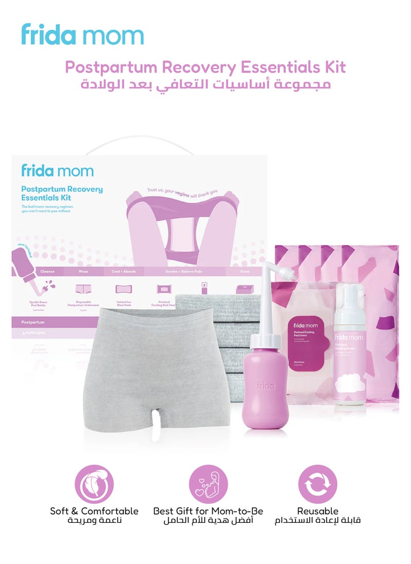frida mom Frida Mom Postpartum Recovery Essentials Kit – 5-Step Care for New Moms with Peri Bottle, Disposable Underwear, Ice Maxi Pads, Cooling Liners & Healing Foam – 1 Kit + Caddy  - Image 1