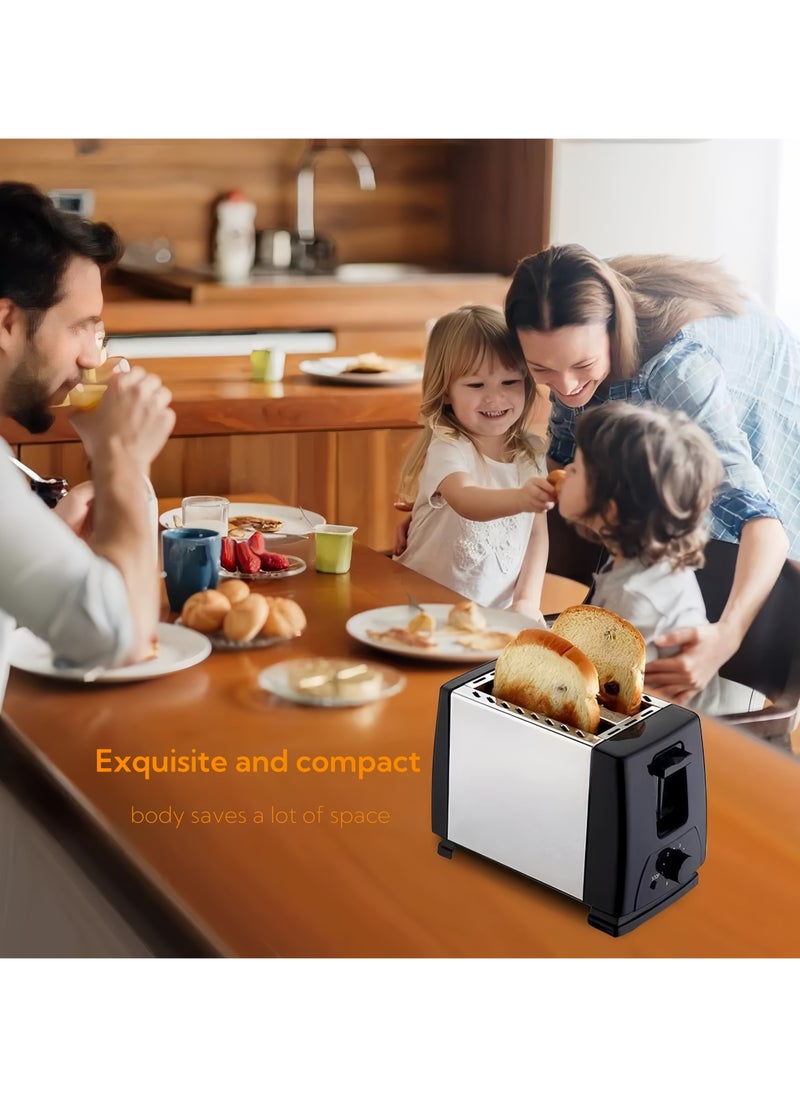 2-Slice Stainless Steel Toaster with Dual-Side Heating & Extra-Wide 30mm Slots - 6 Browning Levels, Defrost/Reheat/Cancel Functions, Removable Crumb Tray, Sleek Compact Design, Black
