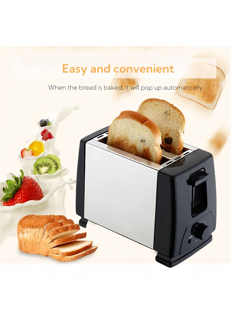 2-Slice Stainless Steel Toaster with Dual-Side Heating & Extra-Wide 30mm Slots - 6 Browning Levels, Defrost/Reheat/Cancel Functions, Removable Crumb Tray, Sleek Compact Design, Black