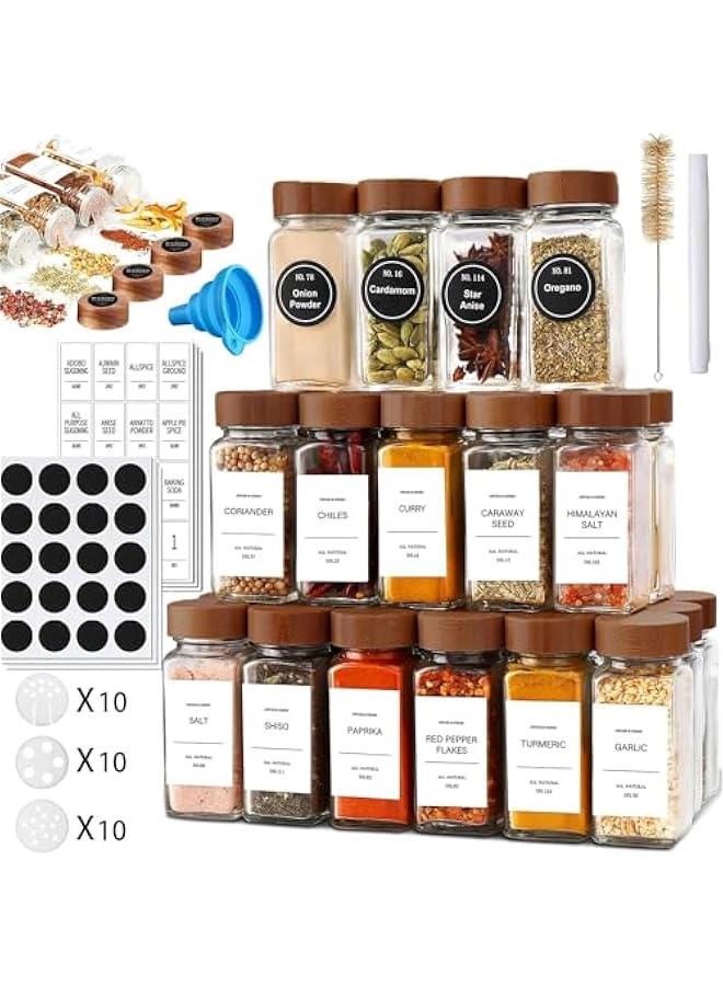 HOOKOR 24 Glass Spice Jars, 4oz Empty Square Spice Containers, Glass Food Storage Containers Jars with Labels,Glass Spice Jars with Bamboo Lids,Labels Stickers,Collapsible Funnel,Brus, Paint Pen - Image 1