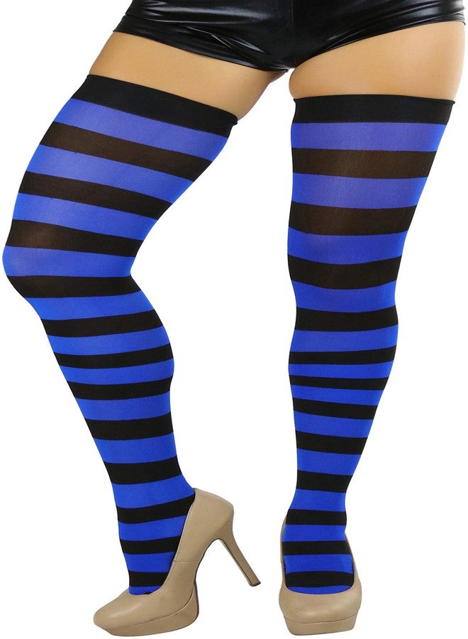 ToBeInStyle Women's Wide Vertical Striped Thigh Hi Stockings (Black w/Royal Blue Stripes) - Image 5