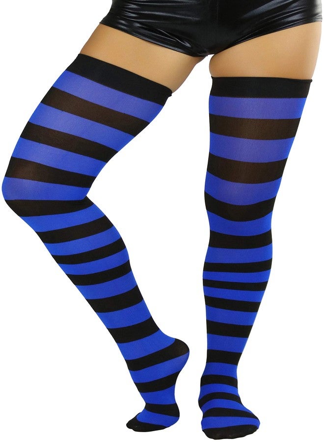 ToBeInStyle Women's Wide Vertical Striped Thigh Hi Stockings (Black w/Royal Blue Stripes) - Image 1