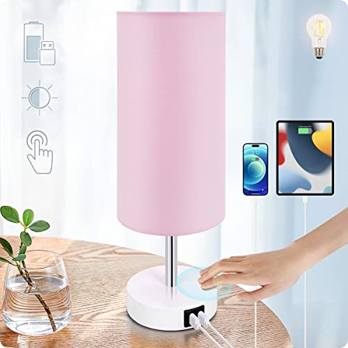 Yarra-Decor مصباح مكتب يارا-ديكور مع منفذ USB، مصباح مكتب يعمل باللمس مع 3 مستويات من السطوع، مصباح طاولة بجانب السرير مع ظل وردي دائري لغرفة النوم، غرفة المعيشة، السكن الجامعي، المكتب المنزلي - Image 1