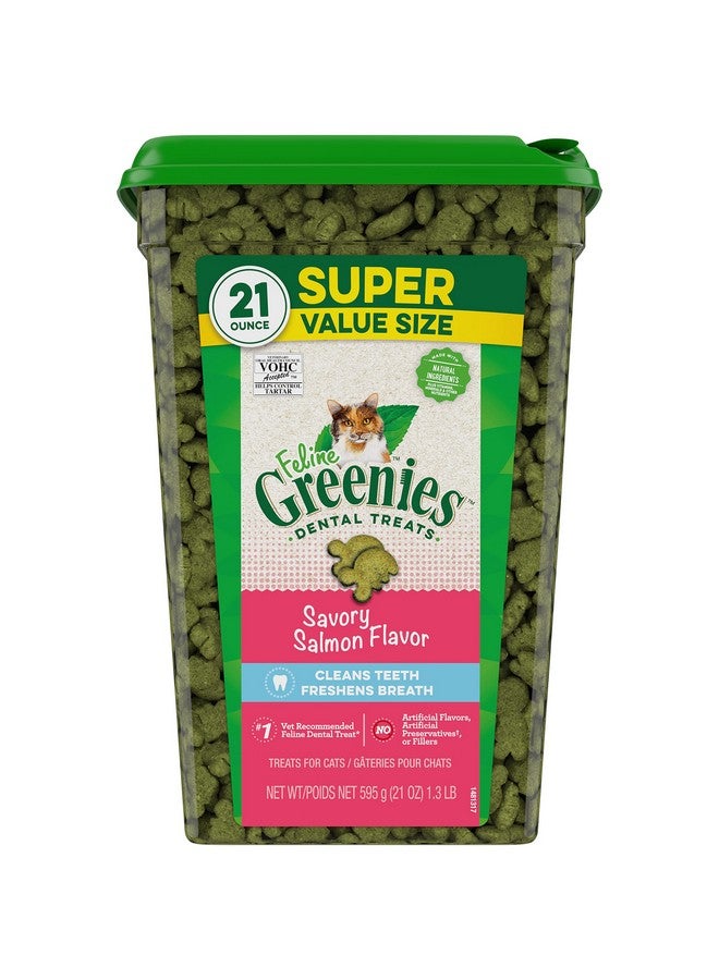 Greenies Feline Adult Natural Dental Care Cat Treats Savory Salmon Flavor, 21 oz. Tub - Image 1