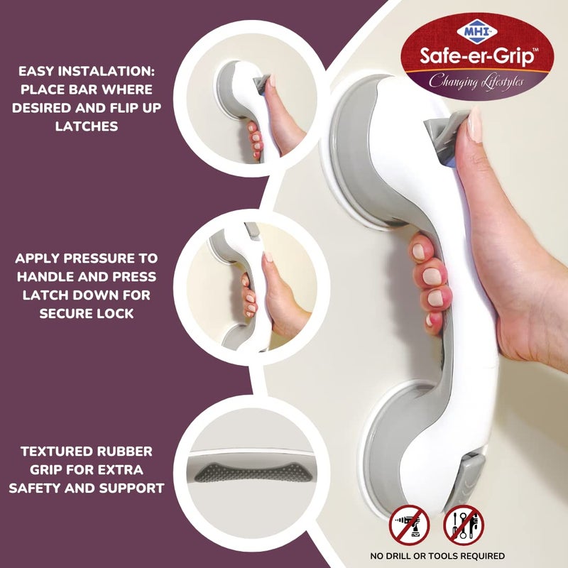 Safe-er-Grip عصا سحب آمنة Safe-er-Grip لتغيير أنماط الحياة مع أكواب شفط لحمامات الاستحمام والدش؛ مقبض مساعد آمن للحمام، أبيض ورمادي، 12 بوصة - Image 2