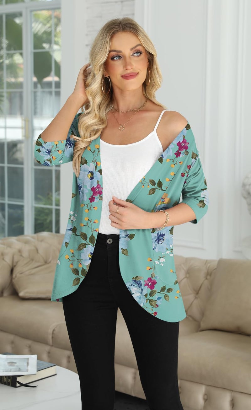Yincro Women's 3/4 Sleeve Cardigan Casual Lightweight Soft Open Front Cardigans (Mint Green Floral, XL) - Image 4