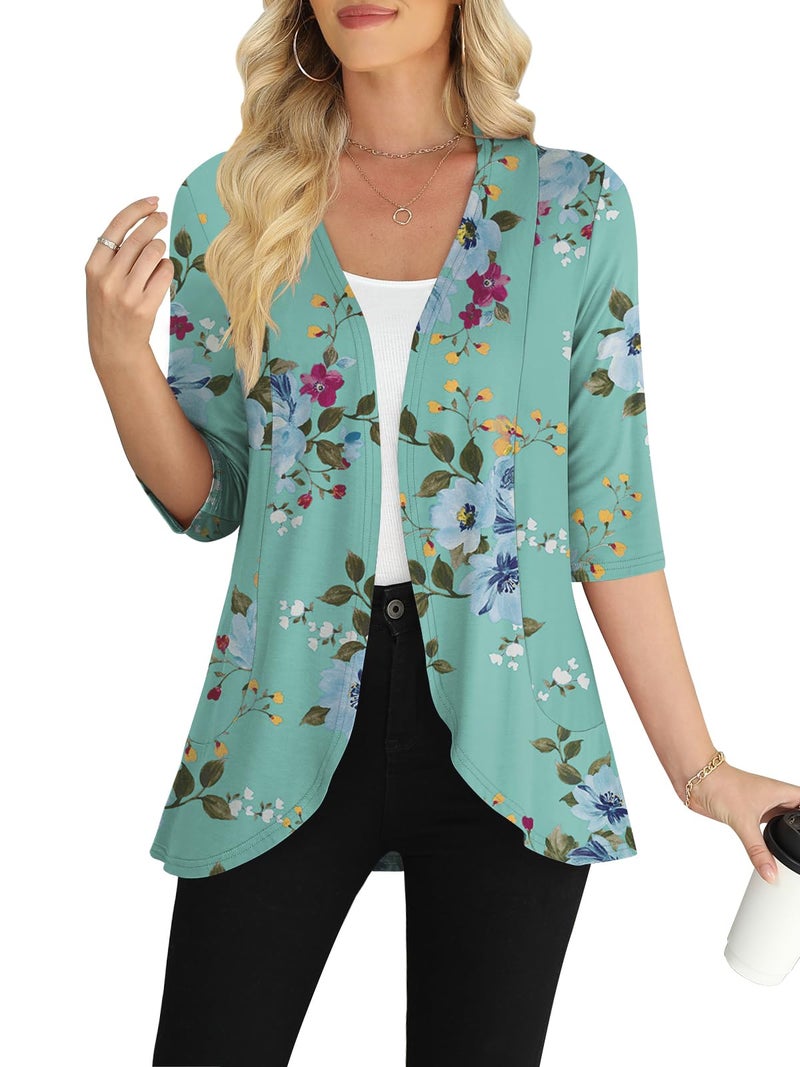 Yincro Women's 3/4 Sleeve Cardigan Casual Lightweight Soft Open Front Cardigans (Mint Green Floral, XL) - Image 1