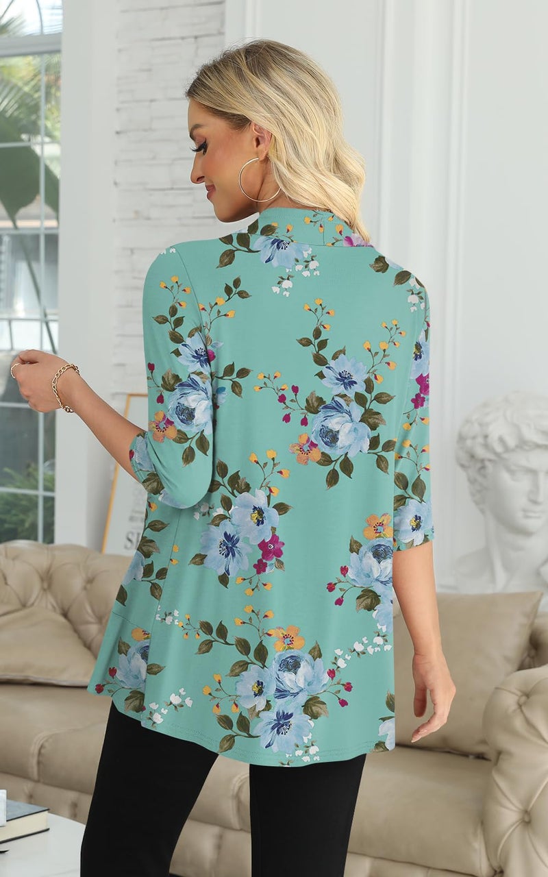 Yincro Women's 3/4 Sleeve Cardigan Casual Lightweight Soft Open Front Cardigans (Mint Green Floral, XL) - Image 3
