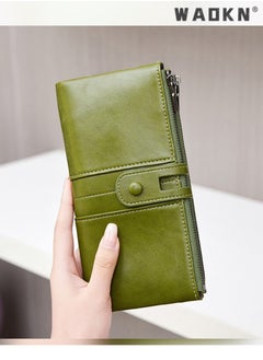 WAOKN Fashionable RFID Anti-theft Women's Long Wallet, Crafted from Oil Wax Leather with Double Zippers Design, Exuding Elegant Style(Green)  - Image 1