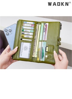 WAOKN Fashionable RFID Anti-theft Women's Long Wallet, Crafted from Oil Wax Leather with Double Zippers Design, Exuding Elegant Style(Green)  - Image 2