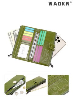 WAOKN Fashionable RFID Anti-theft Women's Long Wallet, Crafted from Oil Wax Leather with Double Zippers Design, Exuding Elegant Style(Green)  - Image 4