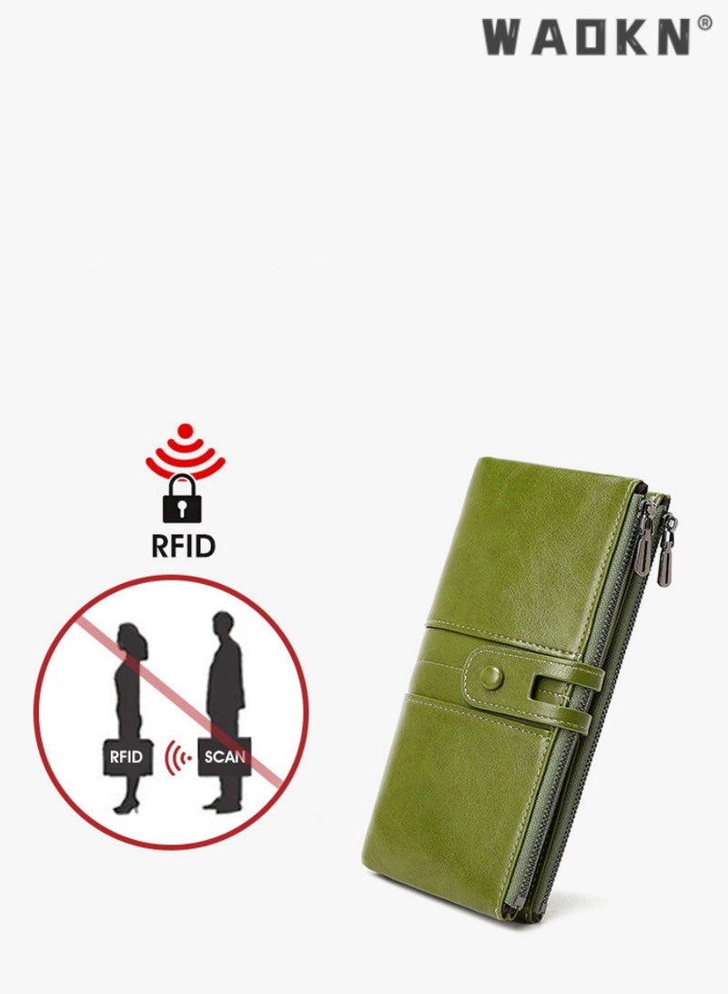 دبليو أيه أو كي أن أزياء RFID مضاد للسرقة محفظة نسائية طويلة ، مصنوعة من الشمع والجلود ، سستة مزدوجة التصميم ، عرض نمط أنيق ( الأخضر )  - Image 3