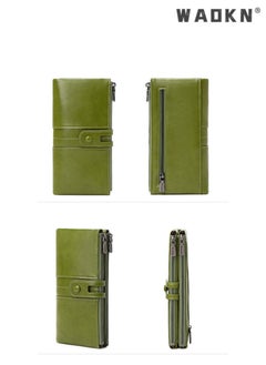 WAOKN Fashionable RFID Anti-theft Women's Long Wallet, Crafted from Oil Wax Leather with Double Zippers Design, Exuding Elegant Style(Green)  - Image 5