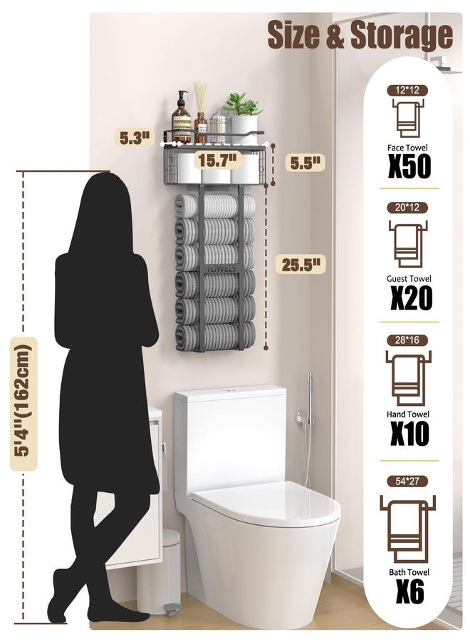 Aetyord Large Towel Racks for Bathroom - Towel Holder, Wall Mounted Metal Rack, Floating Shelf with Wood Plank, Towel Storage for Bathroom, Organizer Stores 6 Large Rolled Towels Easily, All Black - Image 1