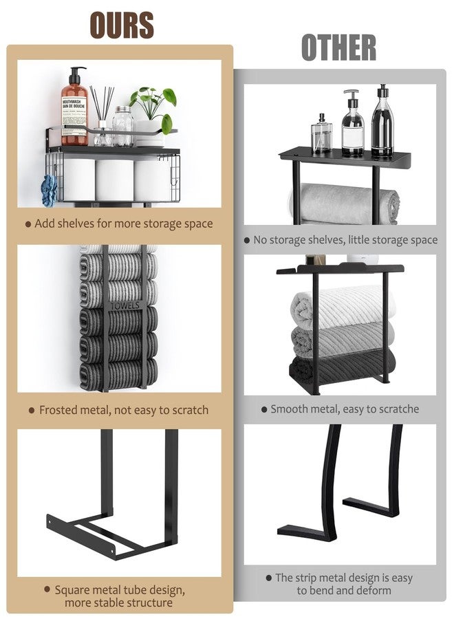 Aetyord Large Towel Racks for Bathroom - Towel Holder, Wall Mounted Metal Rack, Floating Shelf with Wood Plank, Towel Storage for Bathroom, Organizer Stores 6 Large Rolled Towels Easily, All Black - Image 3