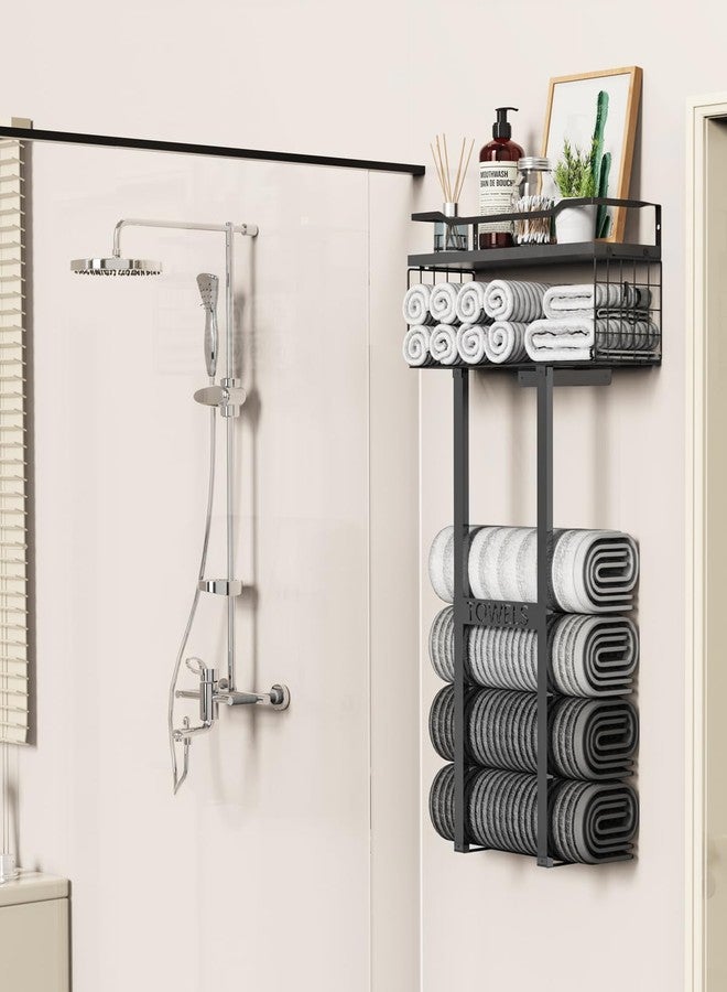 Aetyord Large Towel Racks for Bathroom - Towel Holder, Wall Mounted Metal Rack, Floating Shelf with Wood Plank, Towel Storage for Bathroom, Organizer Stores 6 Large Rolled Towels Easily, All Black - Image 4