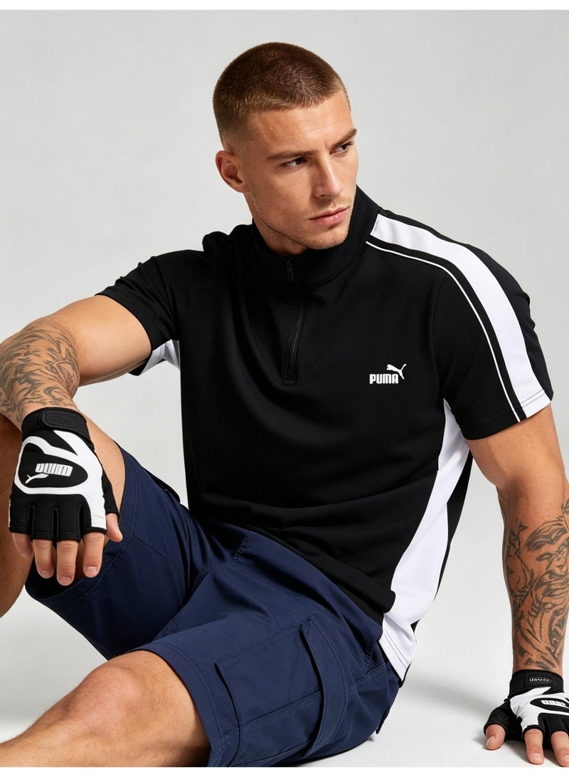PUMA unisex semi-zipper striped Polo shirt, logo printed retro sports short-sleeved casual T-shirt, quick-drying fabric, breathable faster. - Image 1