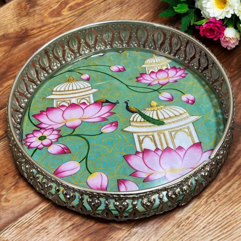 UTENSIO صينية تقديم بتصميم بيشواي من طائر الطاووس - مجموعة من 1 صينية لتقديم الطعام في المنزل، أطباق للشاي/الفواكه/الوجبات الخفيفة، صينية بيشواي زخرفية، صينية تقديم زخرفية - Image 2