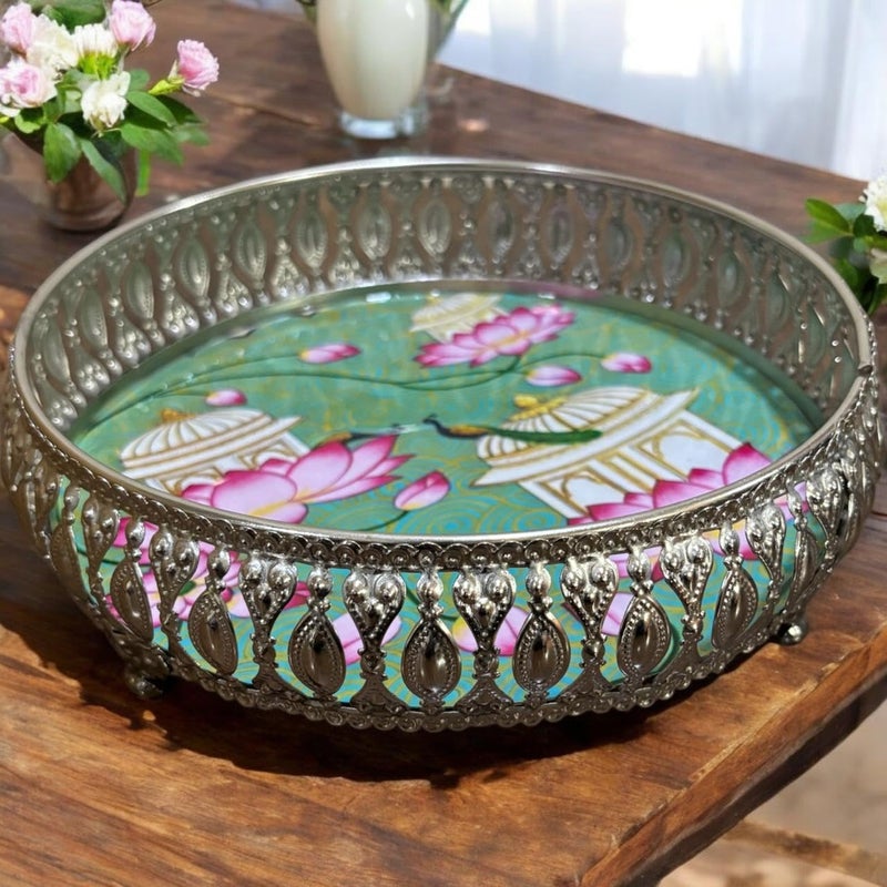 UTENSIO صينية تقديم بتصميم بيشواي من طائر الطاووس - مجموعة من 1 صينية لتقديم الطعام في المنزل، أطباق للشاي/الفواكه/الوجبات الخفيفة، صينية بيشواي زخرفية، صينية تقديم زخرفية - Image 3