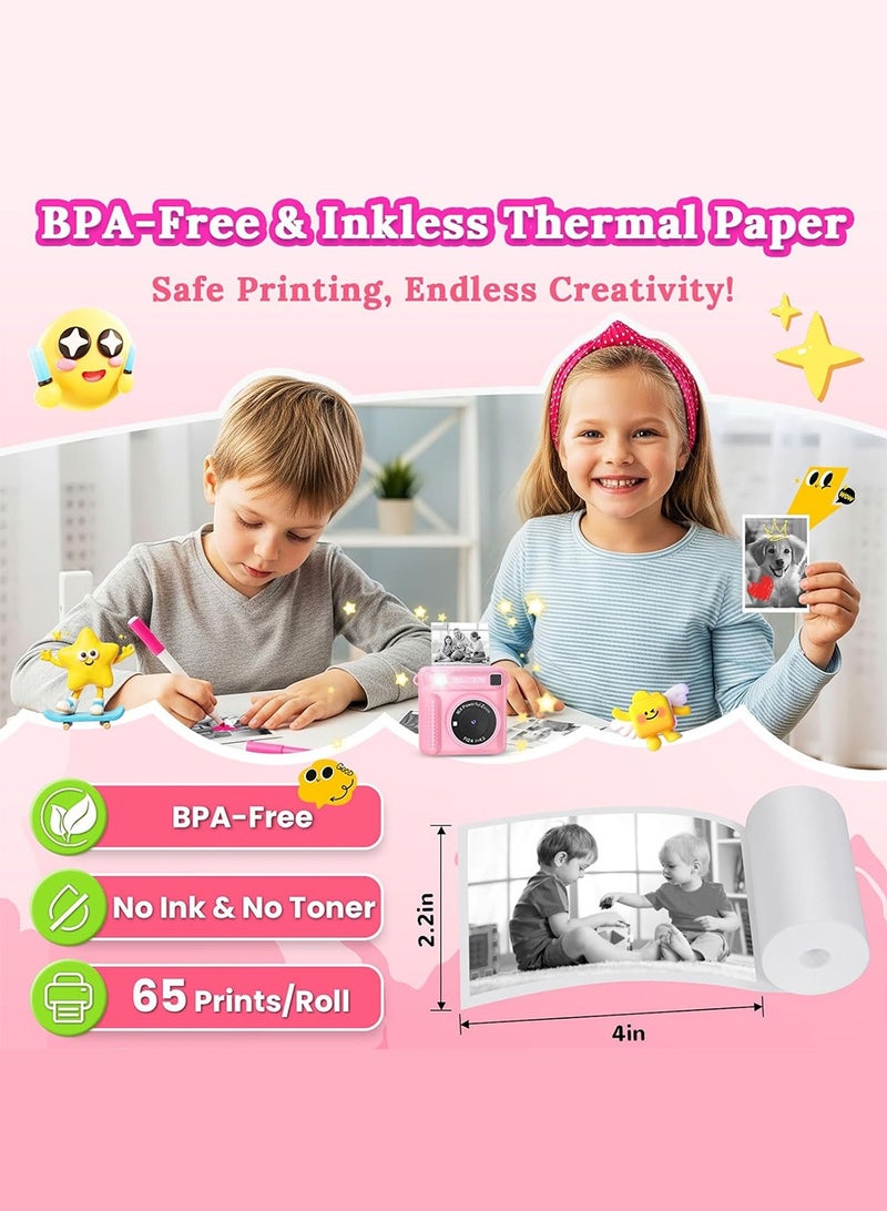 Instant Print Camera for Kids – 1080P HD Digital Selfie Camera with Photo Printer, Print Paper & 32GB Card – Birthday Gift for Girls Boys Toddlers Age 3–12, Mini Portable Polaroid Style Kids Camera – Pink - Image 4