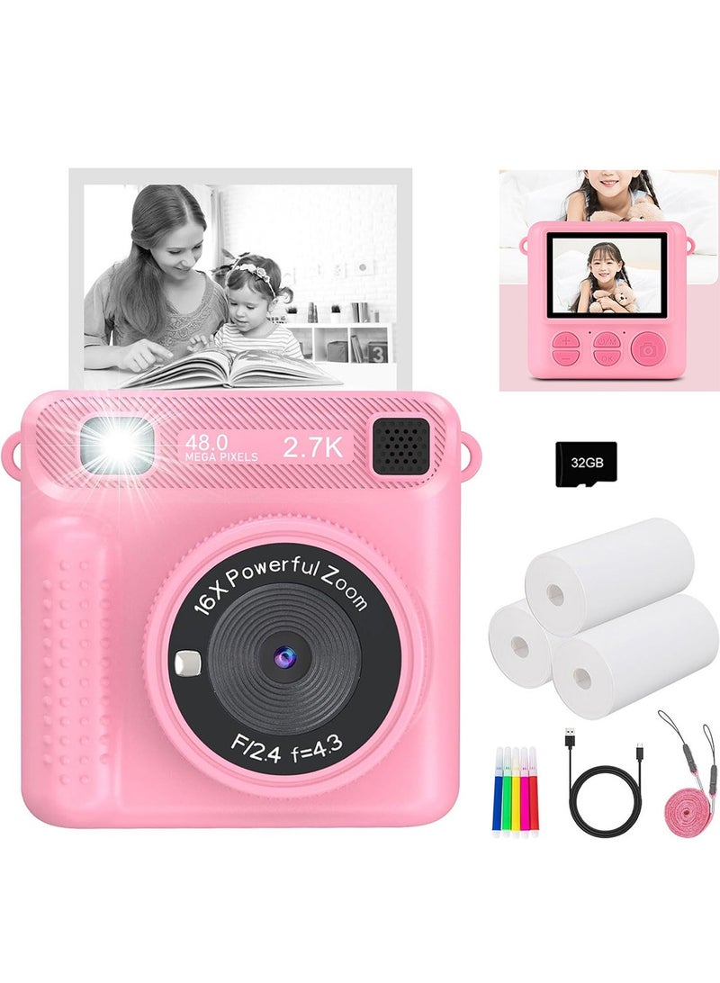 Instant Print Camera for Kids – 1080P HD Digital Selfie Camera with Photo Printer, Print Paper & 32GB Card – Birthday Gift for Girls Boys Toddlers Age 3–12, Mini Portable Polaroid Style Kids Camera – Pink - Image 1