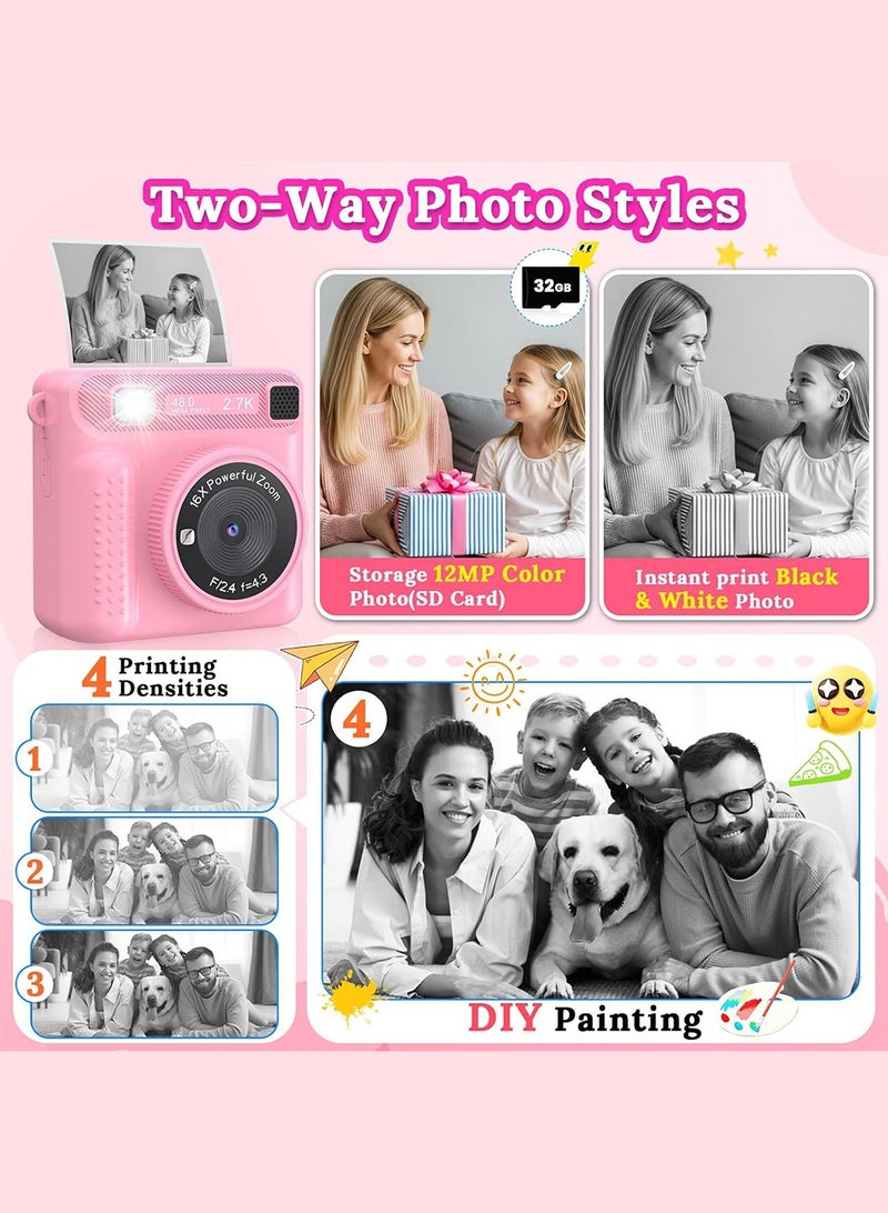 Instant Print Camera for Kids – 1080P HD Digital Selfie Camera with Photo Printer, Print Paper & 32GB Card – Birthday Gift for Girls Boys Toddlers Age 3–12, Mini Portable Polaroid Style Kids Camera – Pink - Image 5