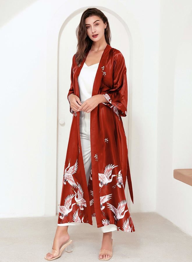 ProDesign Long Kimono Robe Satin Sleepwear Blouse Bathrobe Nightgown Floral Crane Kimono Cardigan Robe - Image 3