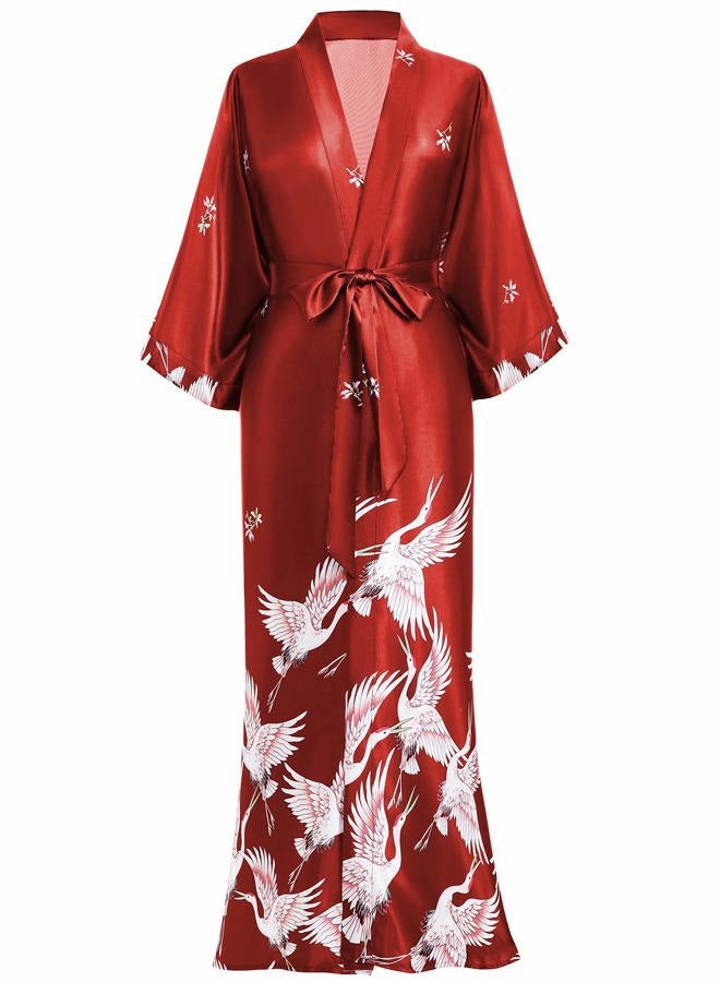 ProDesign Long Kimono Robe Satin Sleepwear Blouse Bathrobe Nightgown Floral Crane Kimono Cardigan Robe - Image 1