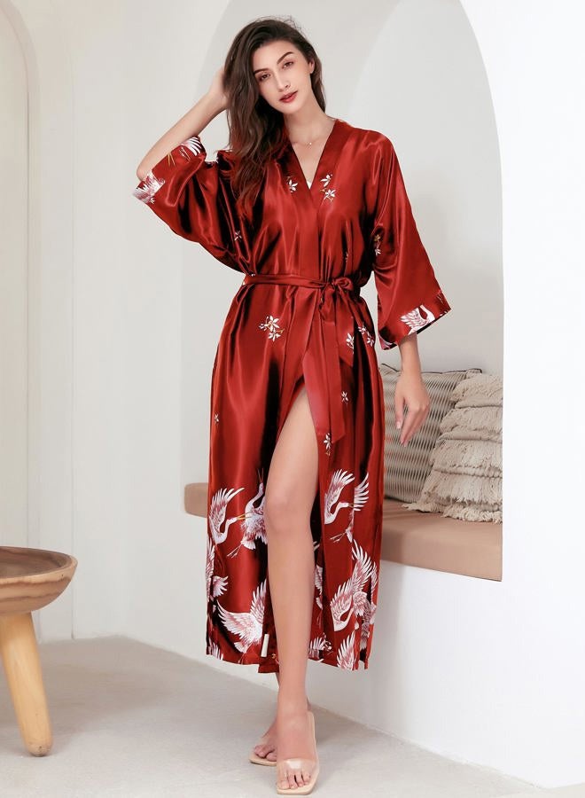 ProDesign Long Kimono Robe Satin Sleepwear Blouse Bathrobe Nightgown Floral Crane Kimono Cardigan Robe - Image 4