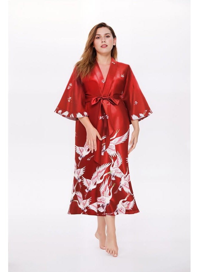 ProDesign Long Kimono Robe Satin Sleepwear Blouse Bathrobe Nightgown Floral Crane Kimono Cardigan Robe - Image 5