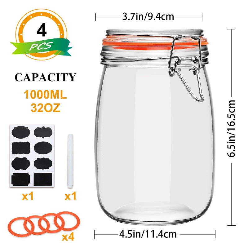 Encheng 32 oz Wide Mouth Mason Jars with Airtight Hinged Lids, Large Glass Jar with Lid for Pickling, Fermentation, Canning, Food Storage â€“ Set of 4 Glass Storage Containers - Image 2