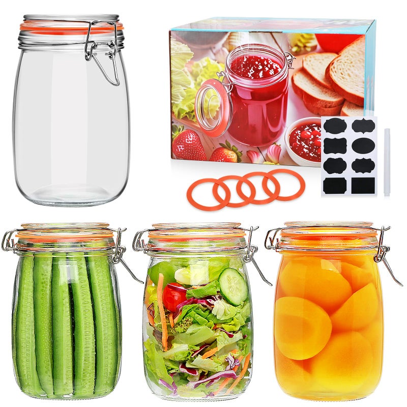 Encheng 32 oz Wide Mouth Mason Jars with Airtight Hinged Lids, Large Glass Jar with Lid for Pickling, Fermentation, Canning, Food Storage â€“ Set of 4 Glass Storage Containers - Image 1