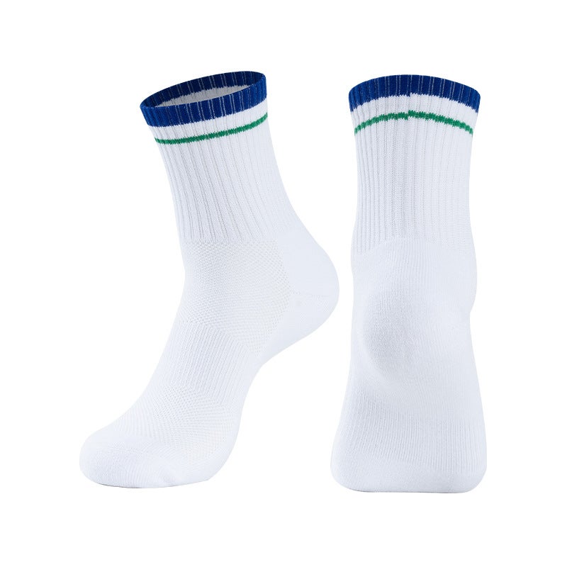 Generic Badminton Socks Striped Thickened Towel Bottom Middle Socks Student Sports Socks Training Tennis Socks Outdoor Running Socks White blue  - Image 1