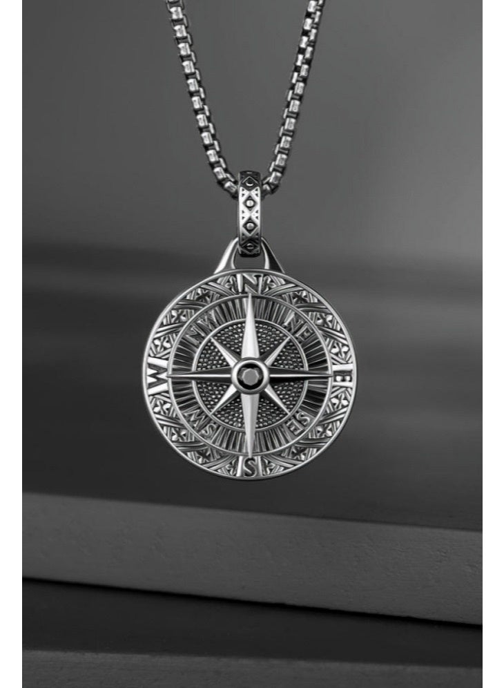 قلادة الرجال مع قلادة البوصلة, سلسلة عصرية للرجال,سلسلة الفولاذ المقاوم للصدأ الفضية النغمة الدائمة للارتداء اليومي والسفر في الهواء الطلق والهدية - Image 2