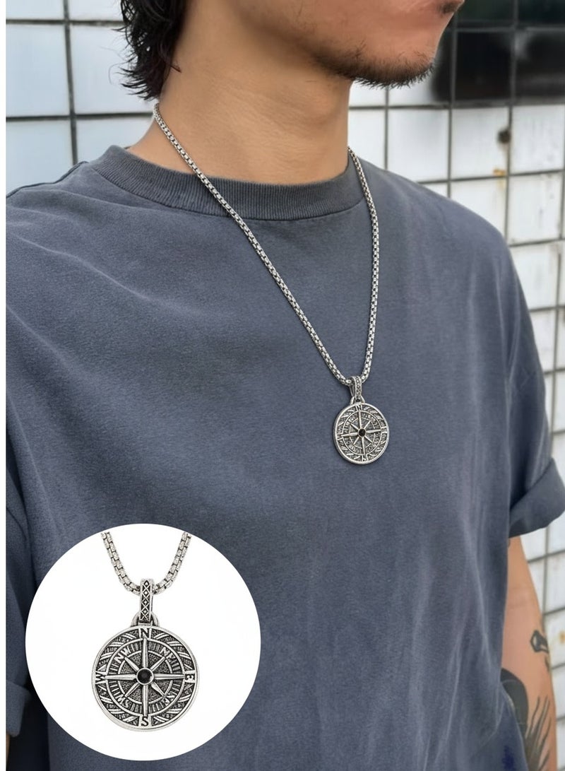 قلادة الرجال مع قلادة البوصلة, سلسلة عصرية للرجال,سلسلة الفولاذ المقاوم للصدأ الفضية النغمة الدائمة للارتداء اليومي والسفر في الهواء الطلق والهدية - Image 1