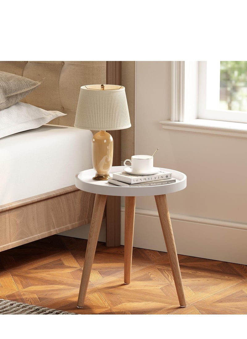 PENG GENERAL Round Living Room Coffee Table, Natural Wood Legs White Tray Nightstand End Table  - Image 1