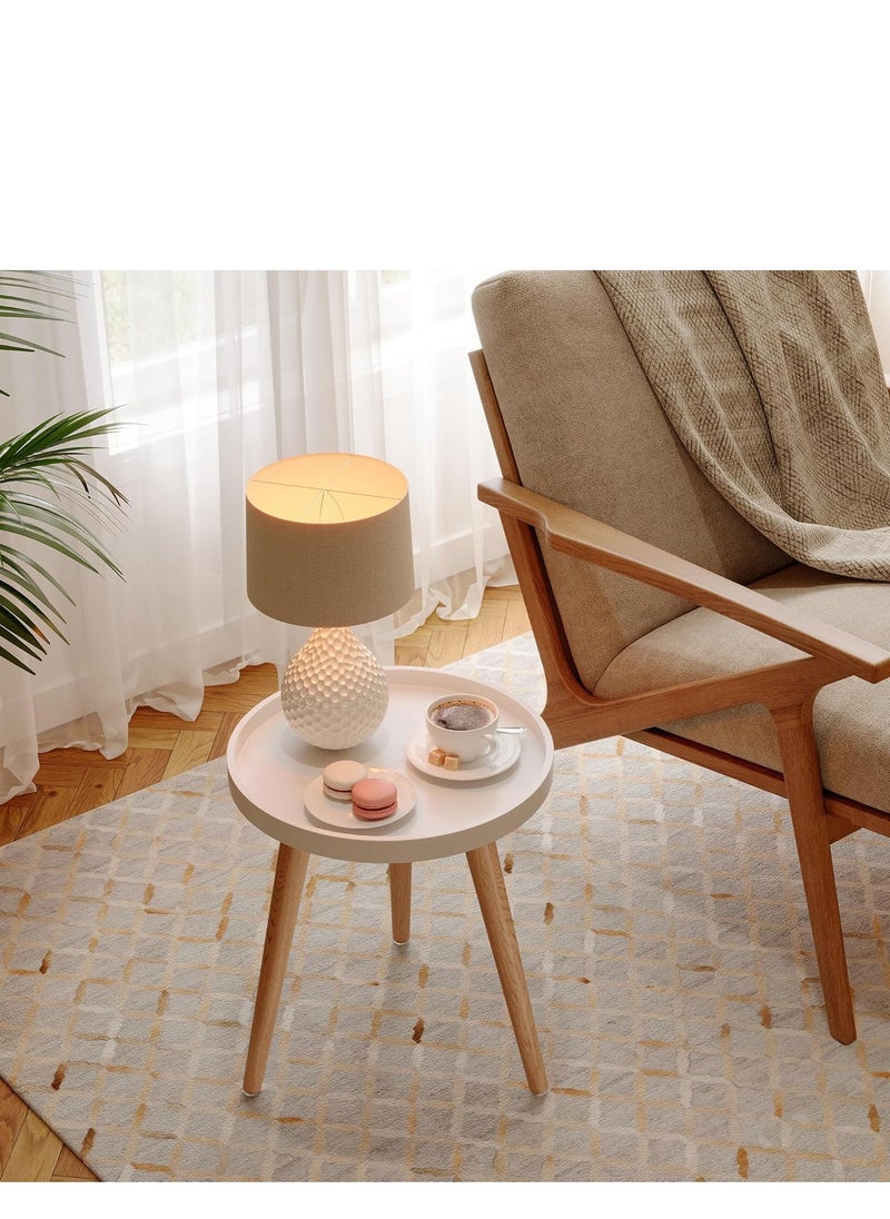 PENG GENERAL Round Living Room Coffee Table, Natural Wood Legs White Tray Nightstand End Table  - Image 3